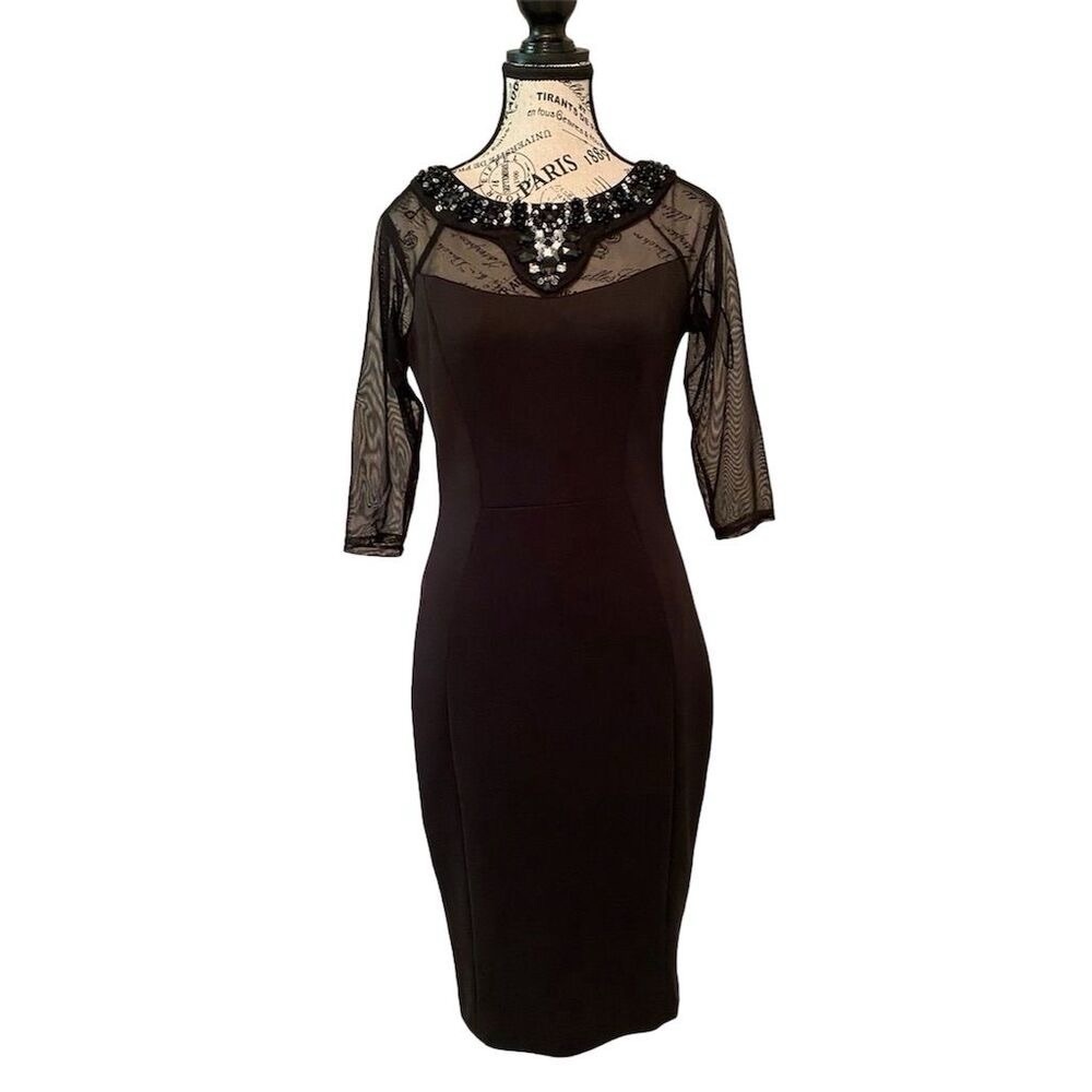Sangria Black Sheer Sleeve Jeweled Neckline Midi Cocktail Dress Size 6